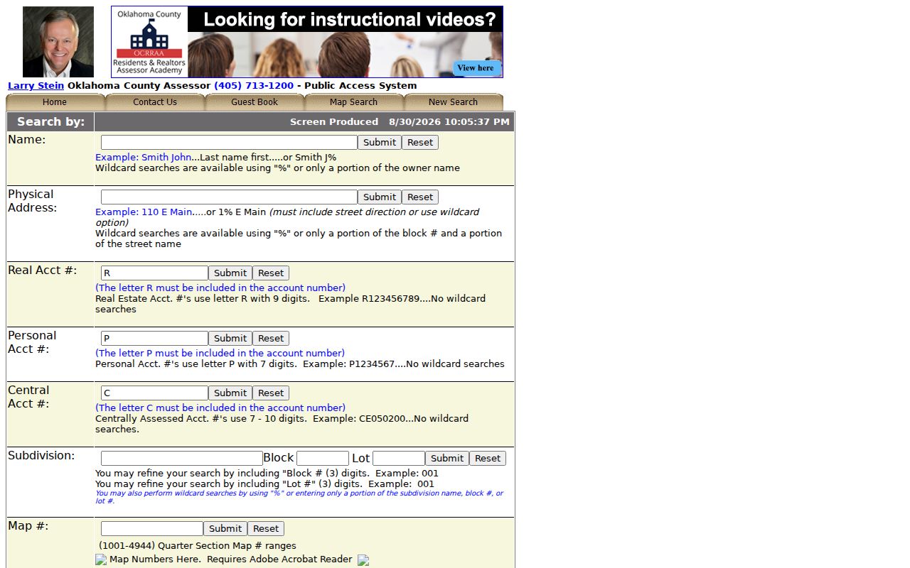 Edmond residents directory Oklahoma County Assessor property search fields